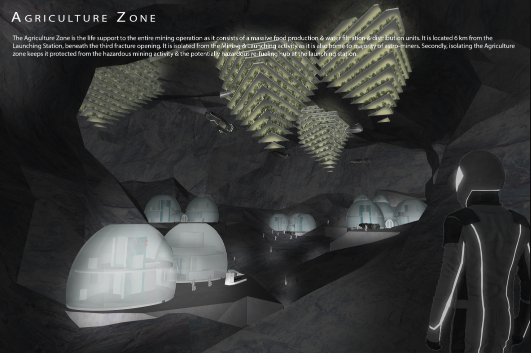 The Agriculture Zone combines suspended farming, habitat modules and research spaces within a protected subterranean cavern.