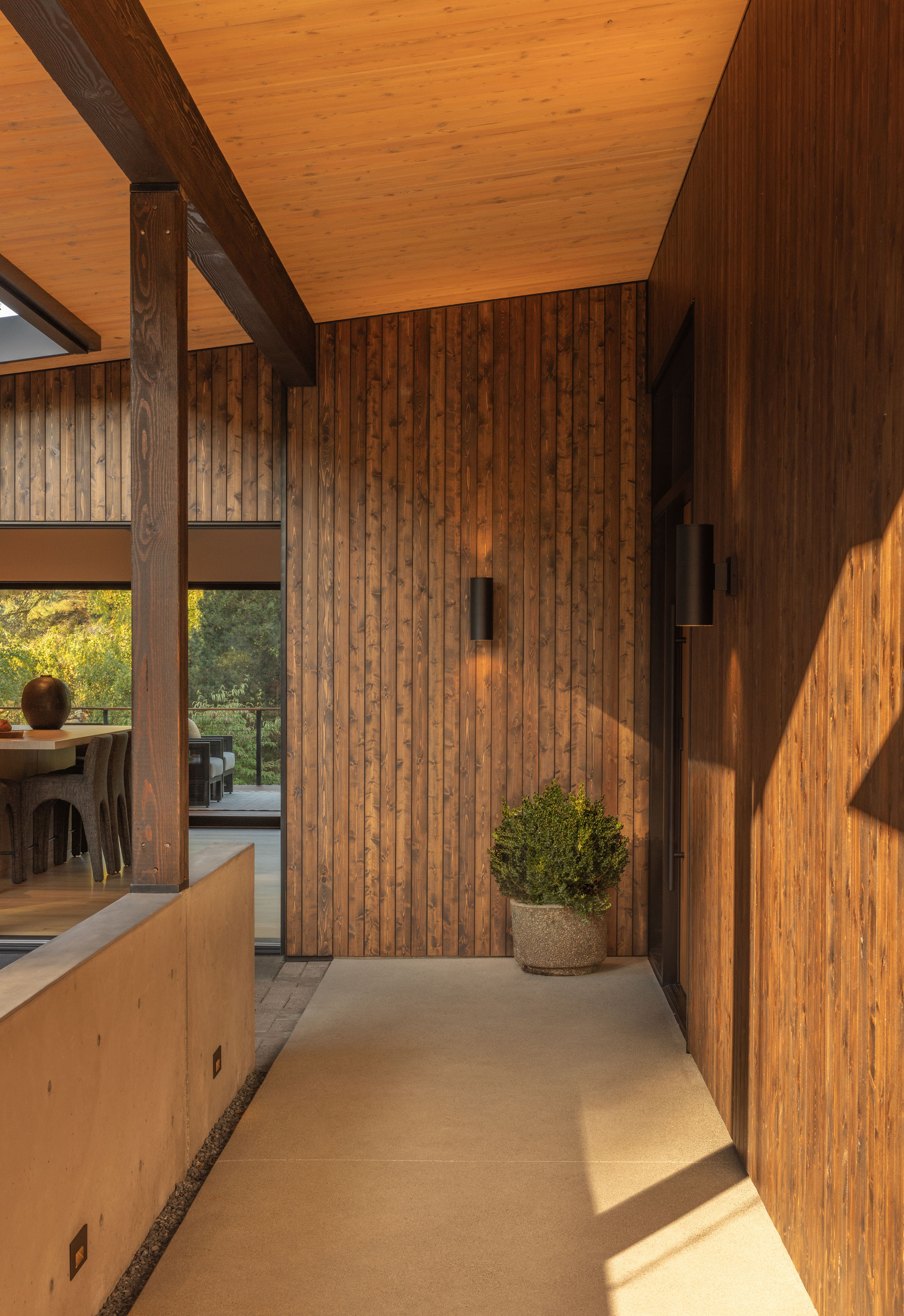 Interior corridor with vertical timber walls, exposed beams and warm afternoon light streaming across surfaces