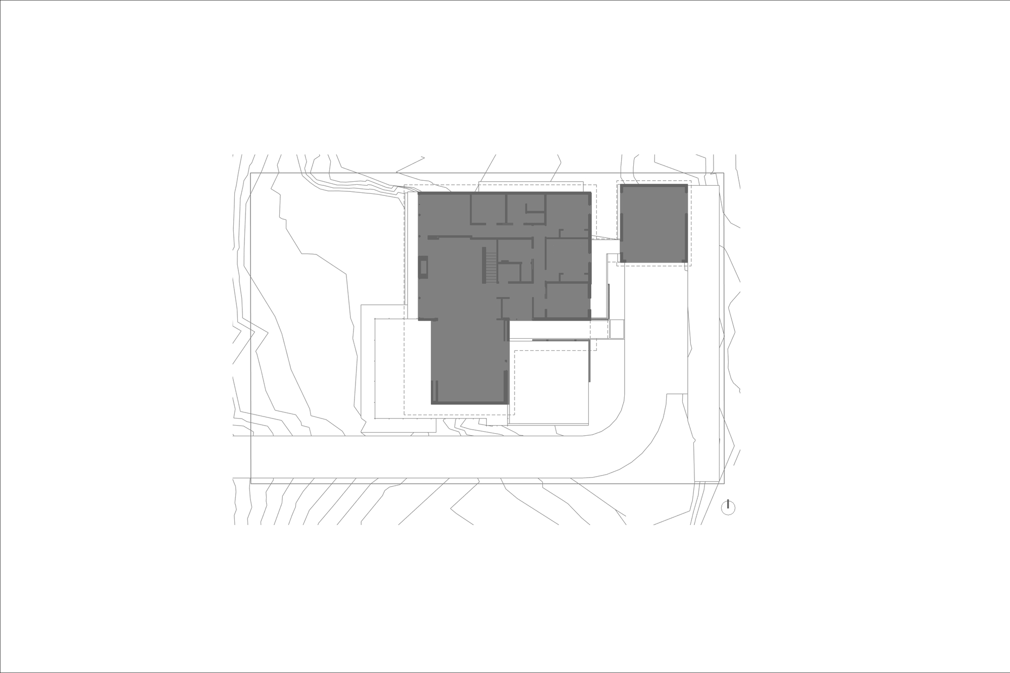 Site plan drawing showing L-shaped building footprint with garage and landscape contours