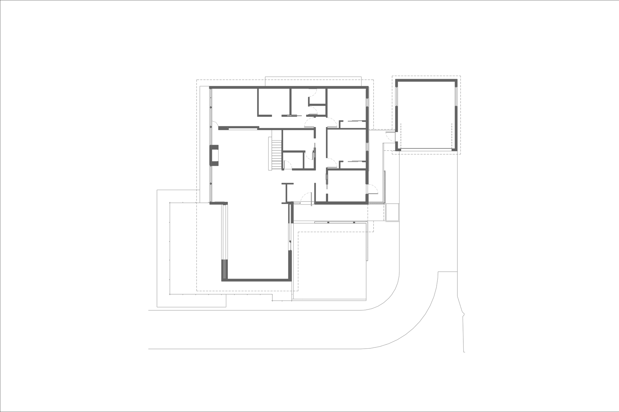 Floor plan drawing showing upper level with stair core and multiple rooms