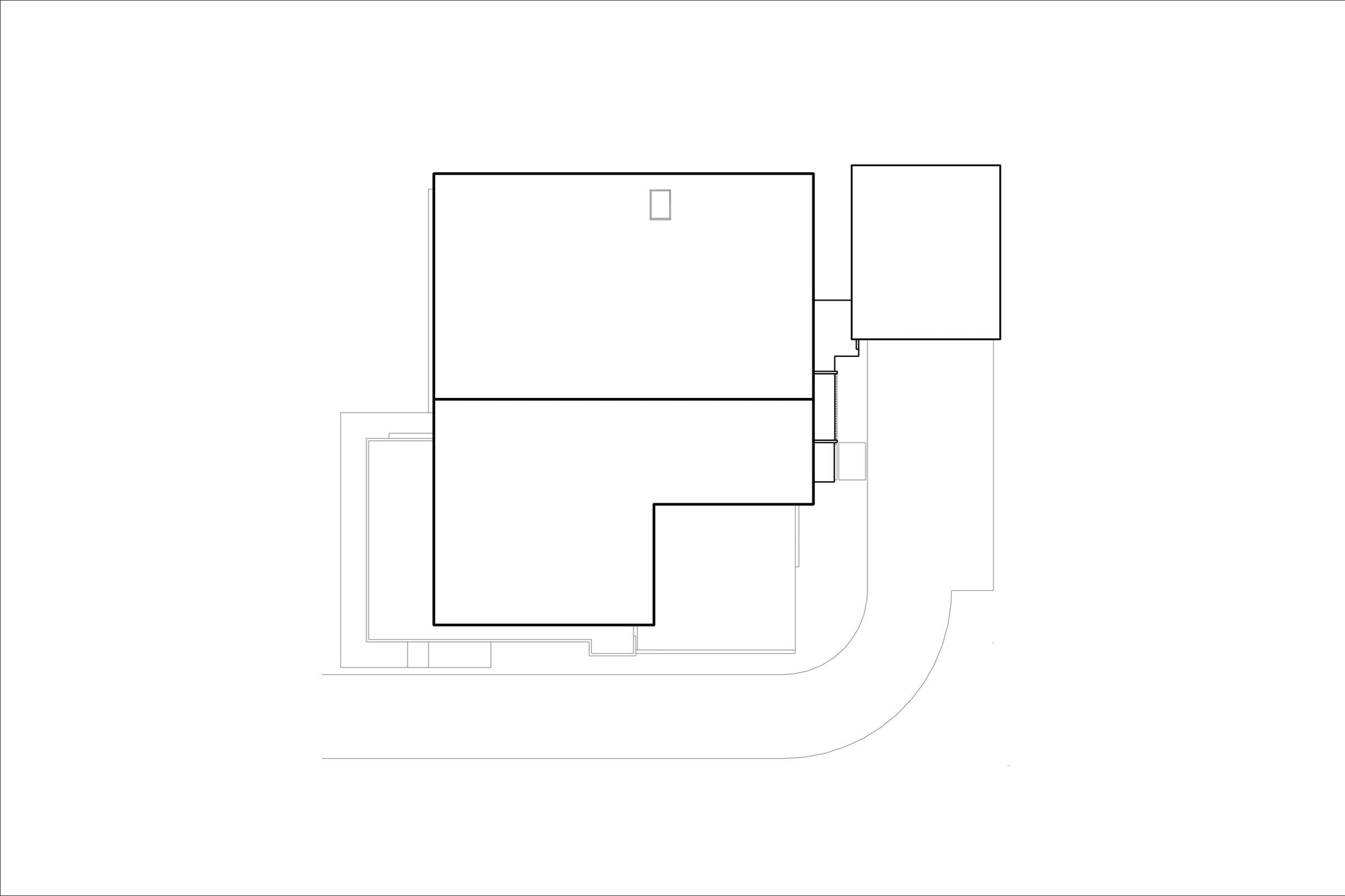 Site plan drawing showing interlocking rectangular volumes with a curved access road