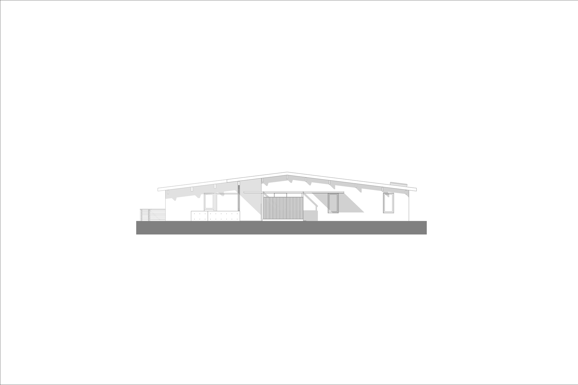 Elevation drawing showing low-slung roof profile with central vertical louvers