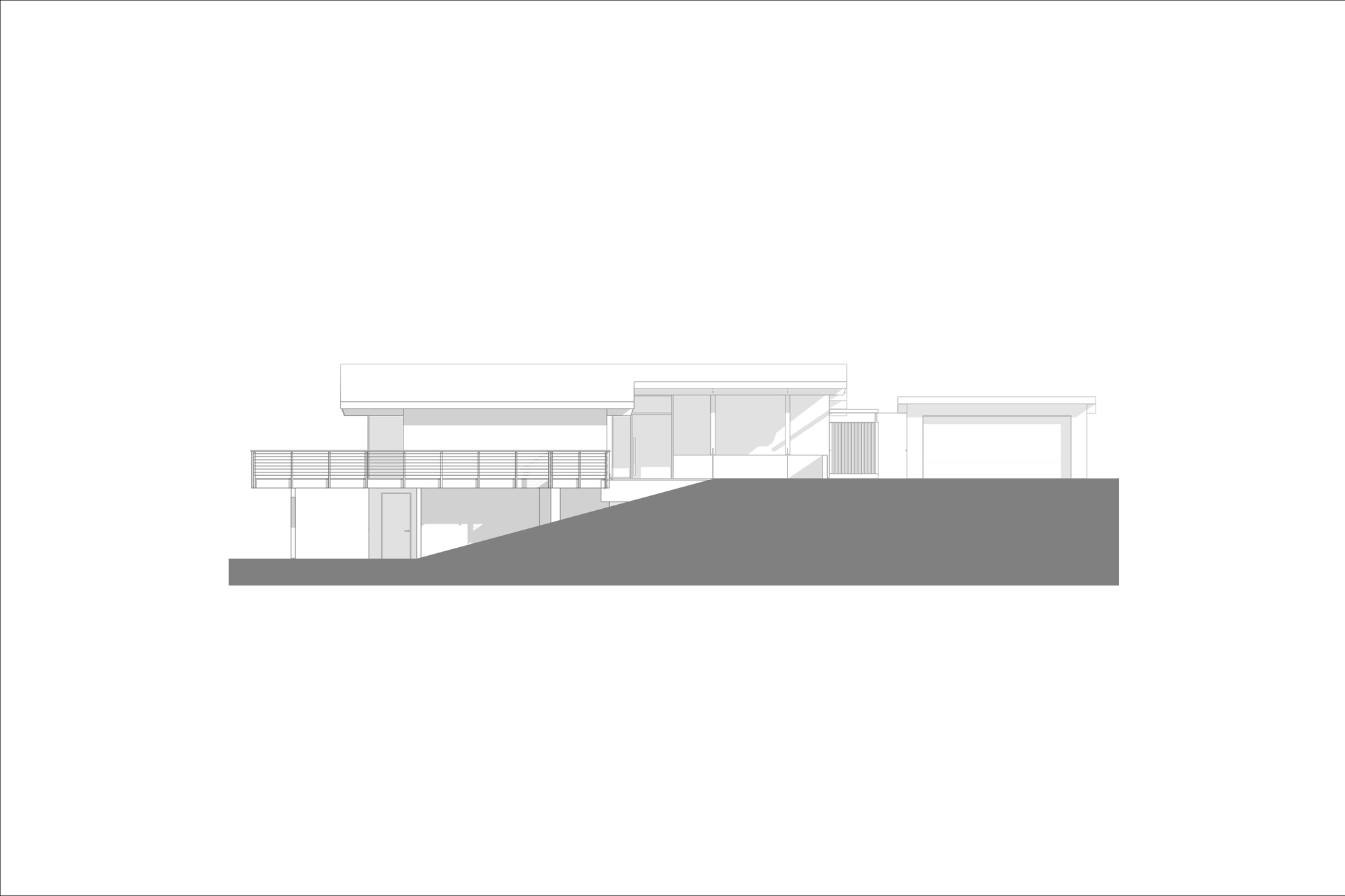 Elevation drawing displaying multi-level volumes stepping down the hillside