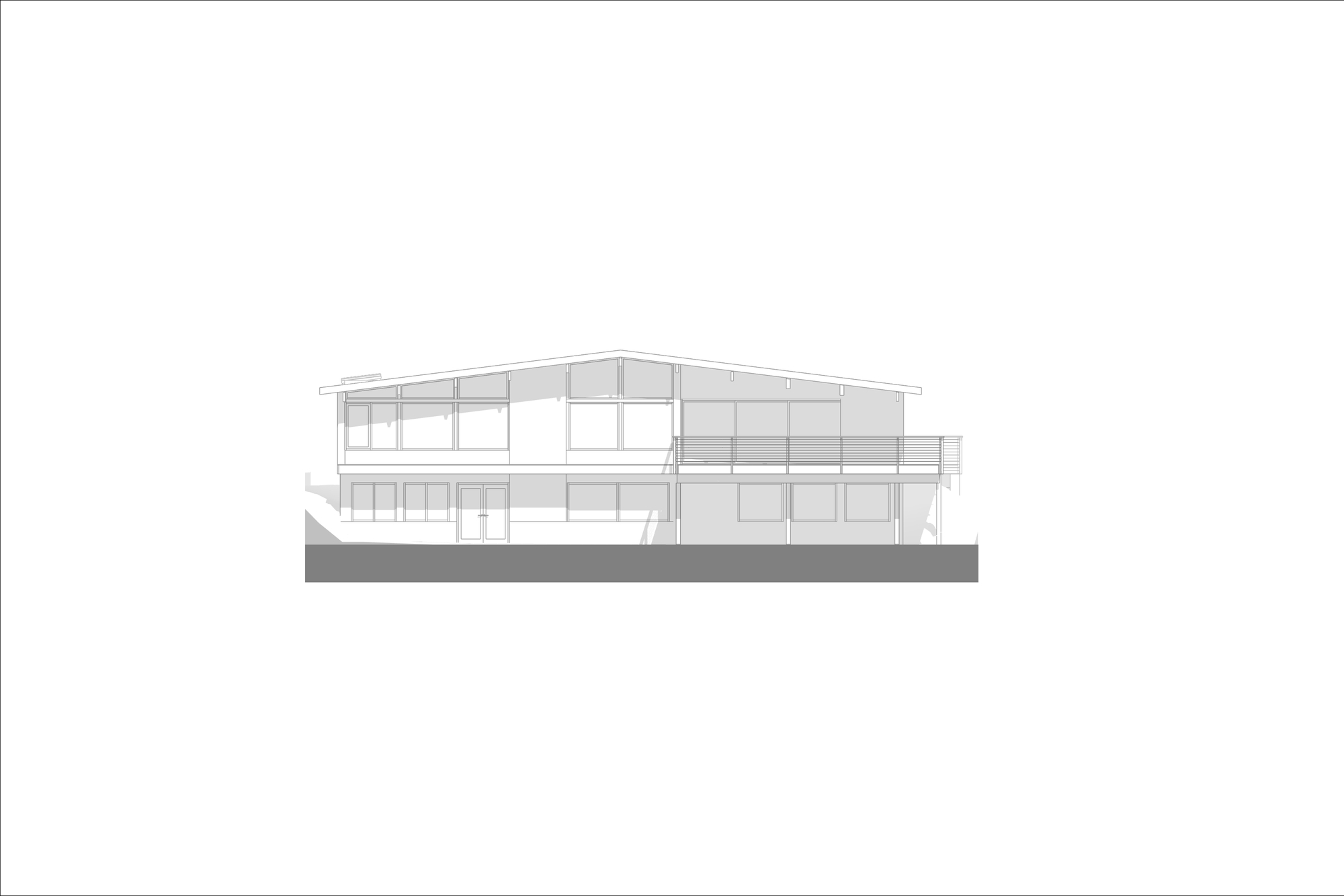 Elevation drawing of two-story facade with horizontal window bands and angled roofline