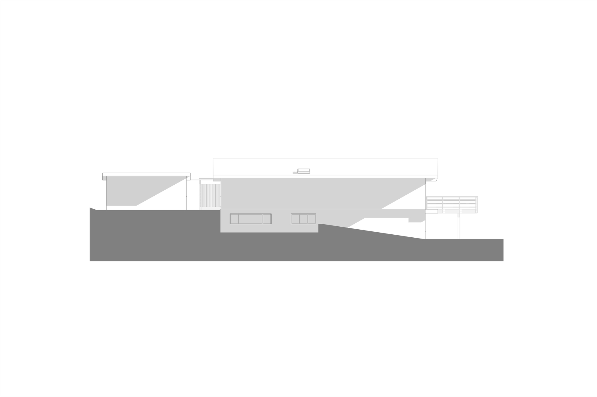 Section drawing showing cantilevered roof planes over split-level interior spaces