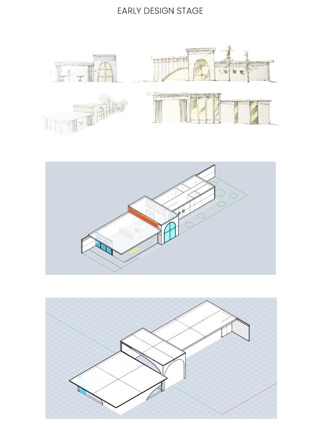 Early design studies showing the café’s evolving form, façade rhythm, and linear spatial organization.