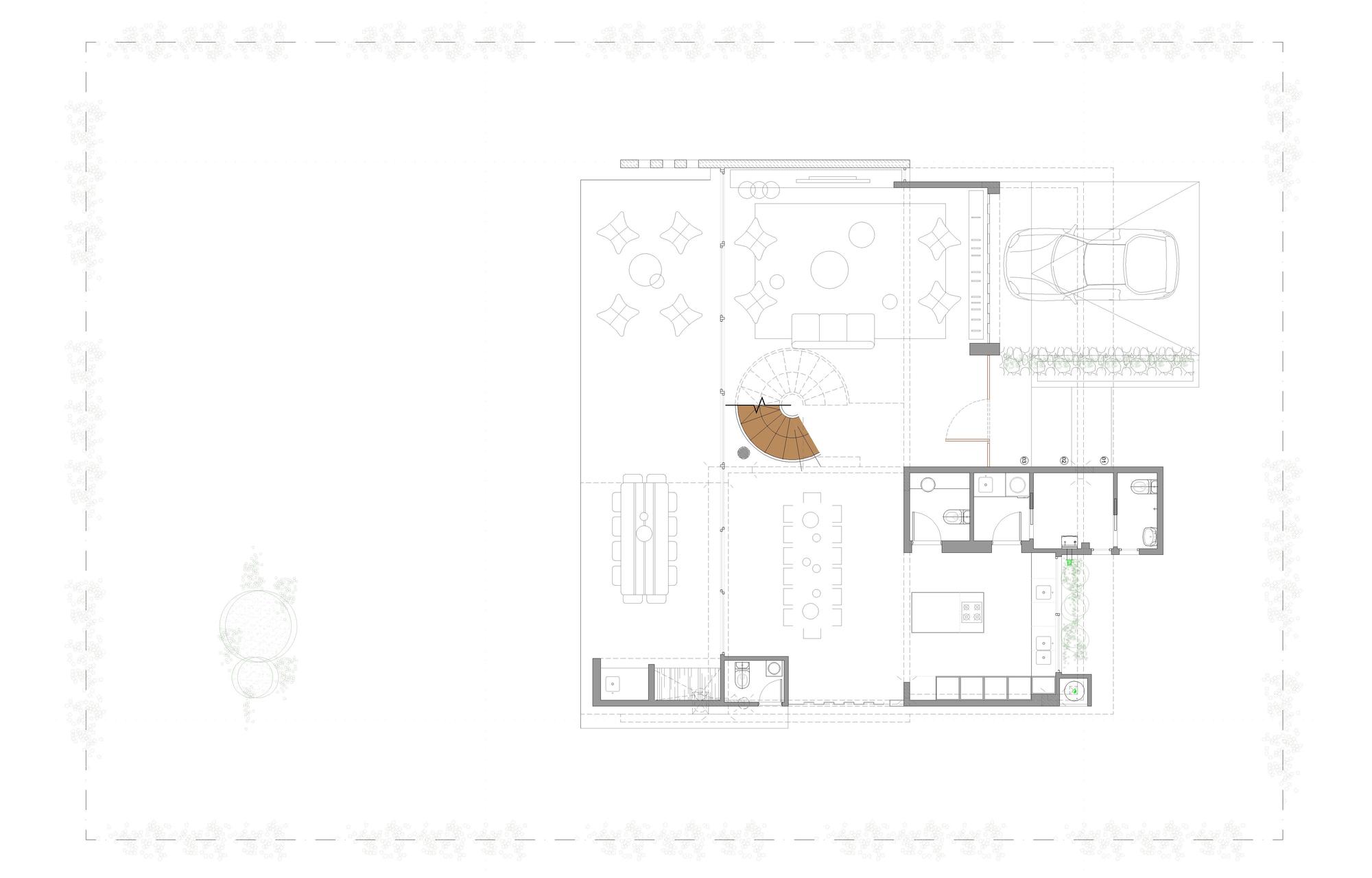Ground floor plan drawing showing living, dining and kitchen areas around a curved timber stair, with a garage at the right