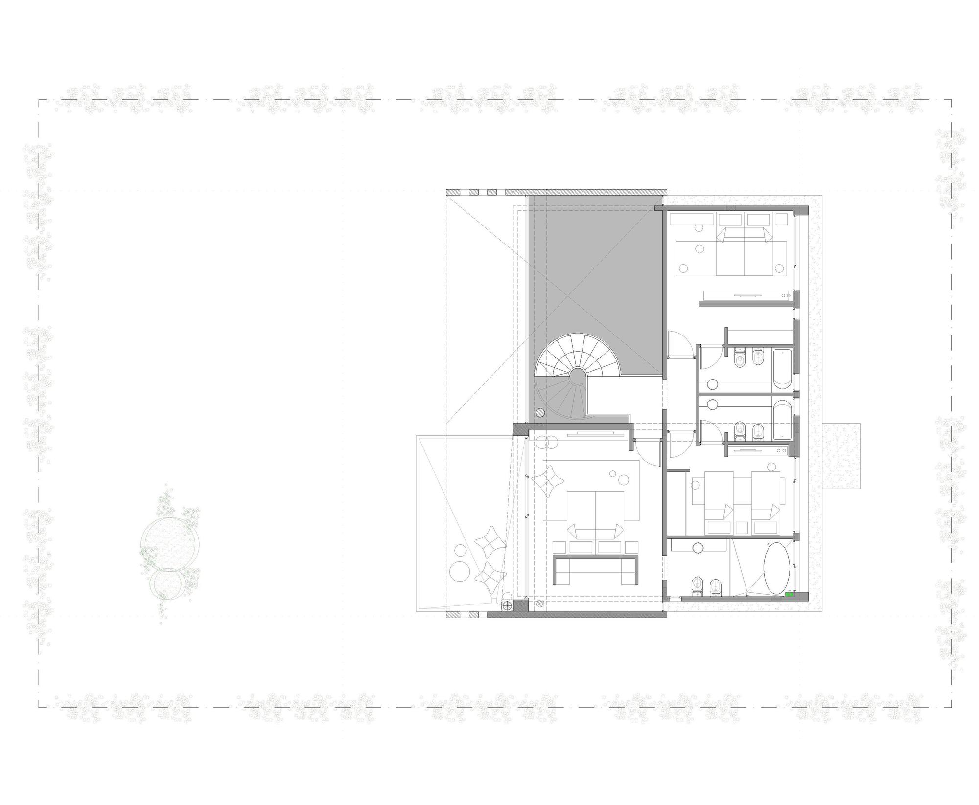 Upper floor plan drawing showing bedrooms and bathrooms arranged around a curved stair and a double-height void