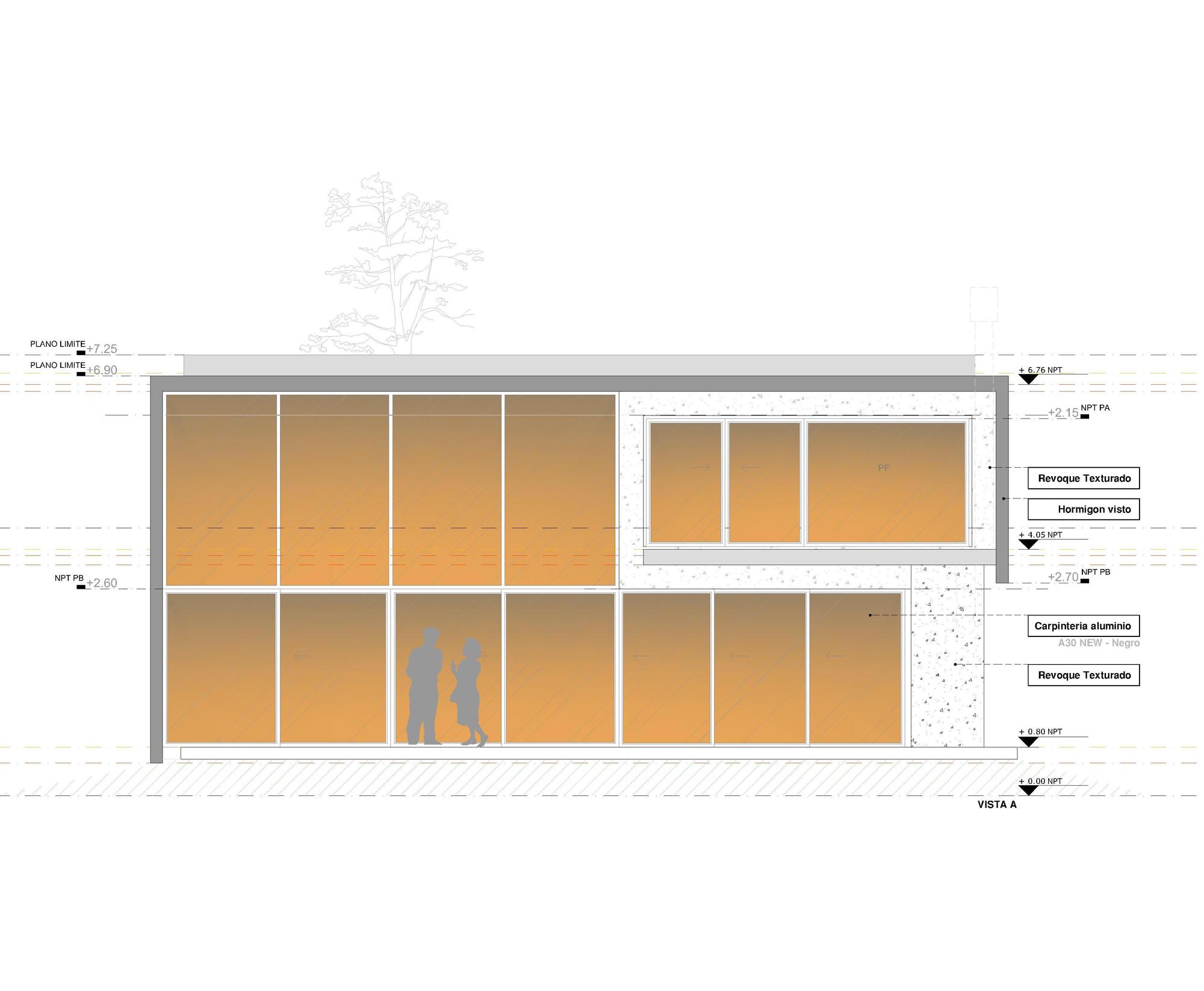 Elevation drawing of a glazed facade with tall aluminium-framed windows, textured render panels and two standing human figures for scale