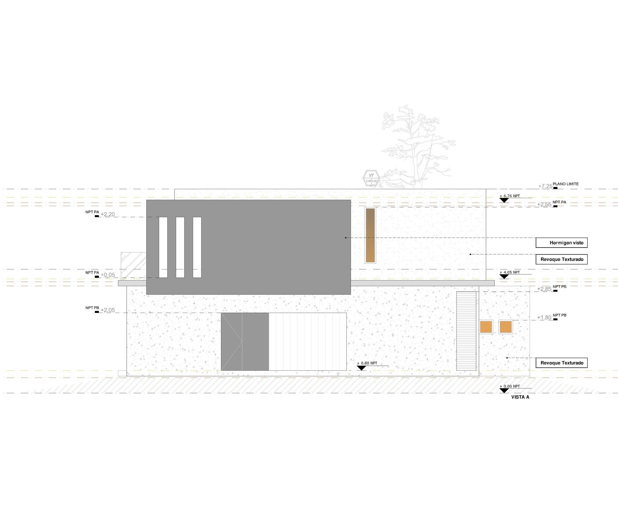 Elevation drawing of a side facade with a solid grey upper block, slim vertical openings, a garage door and textured render