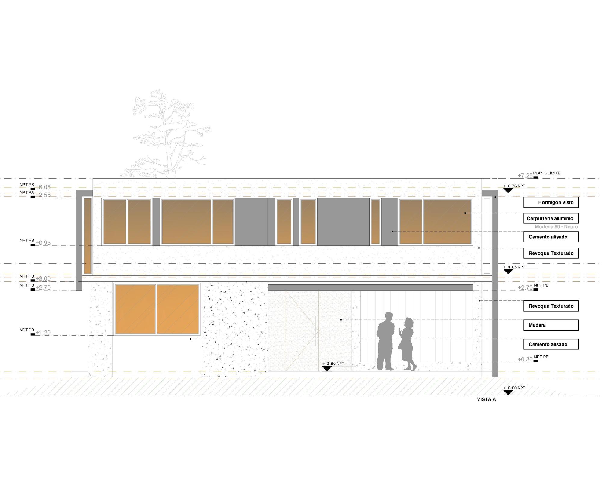 Elevation drawing of a facade with ribbon windows above, a timber-clad entry below, material callouts and two figures standing near the door