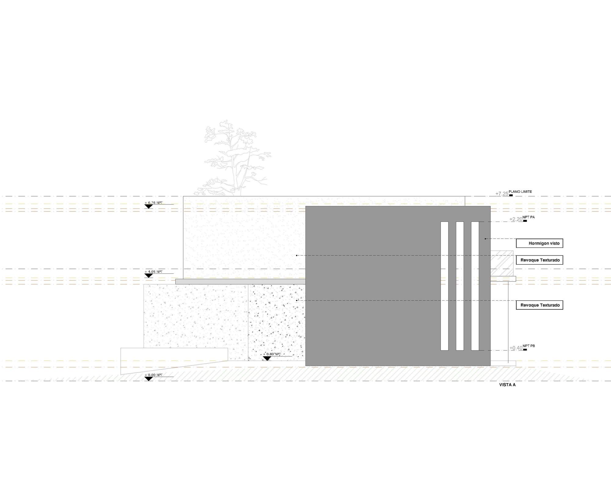 Elevation drawing of a two-level house with a grey board-formed concrete block pierced by three vertical slots beside textured stucco walls and a sketched tree