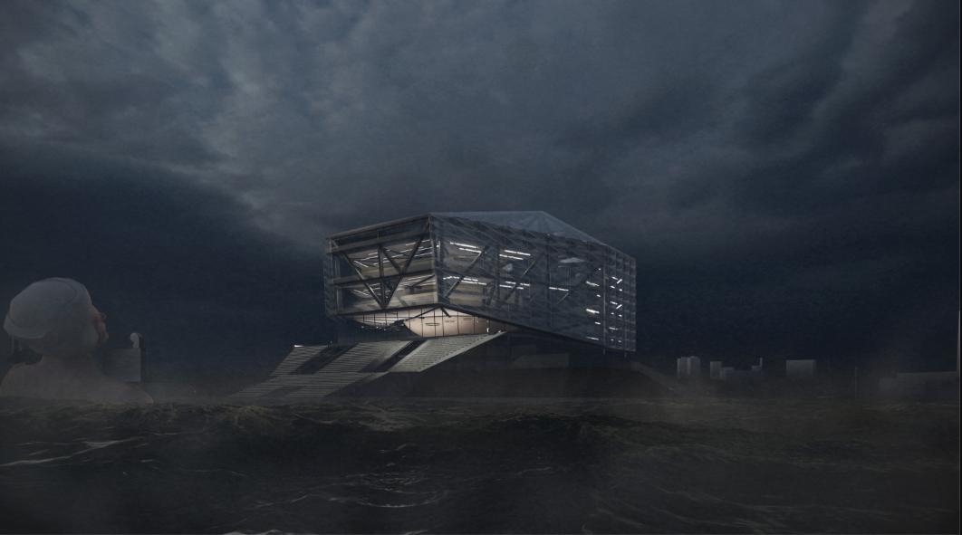 Elevated steel-framed structure with exposed diagonal bracing set against dark storm clouds