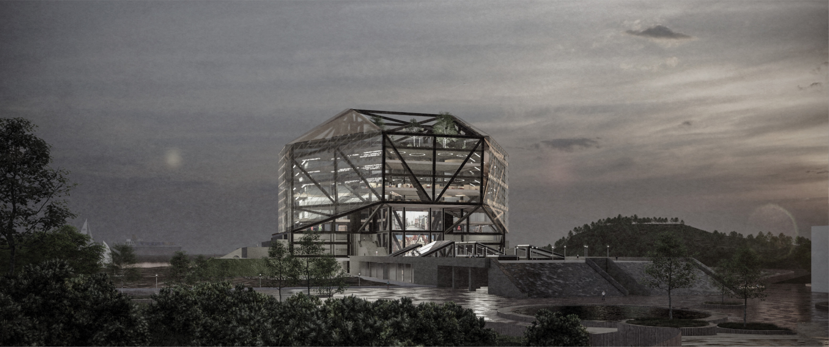 Elevated pavilion with exposed steel frame and glass enclosure overlooking water at dusk