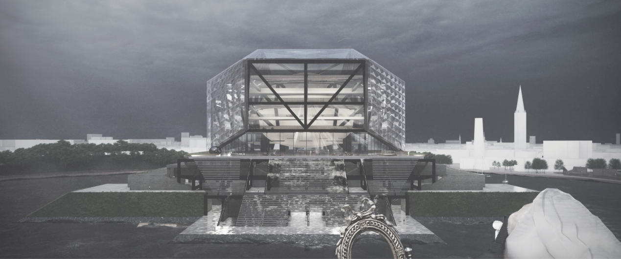 Axial view of the elevated structure with perforated screen facades and stepped water features