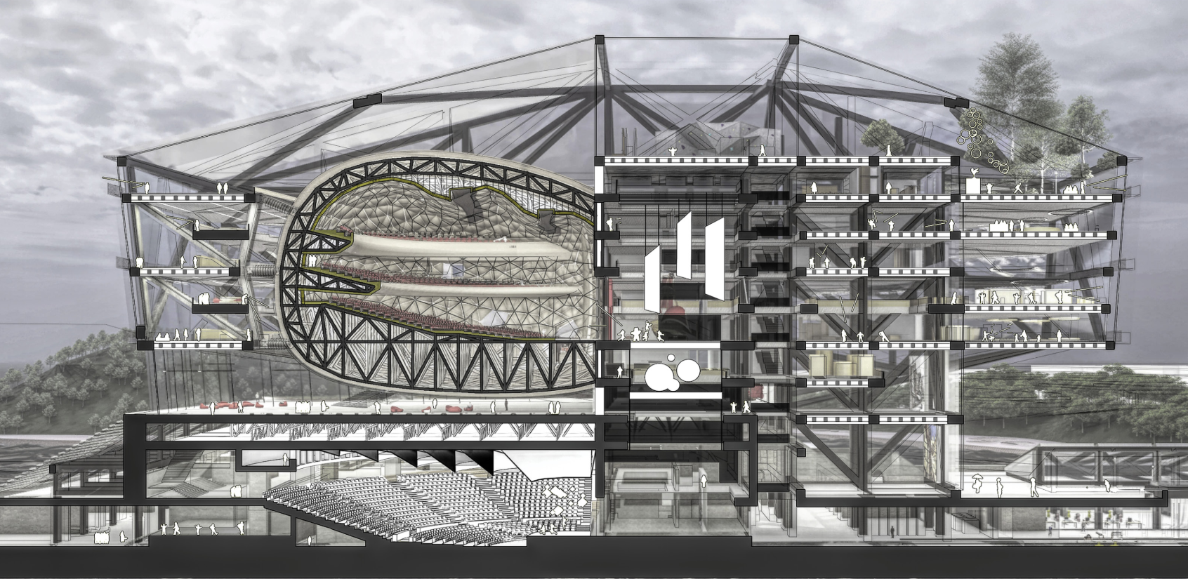 Section drawing showing the layered structure with exposed steel trusses and a circular lattice dome under cloudy skies