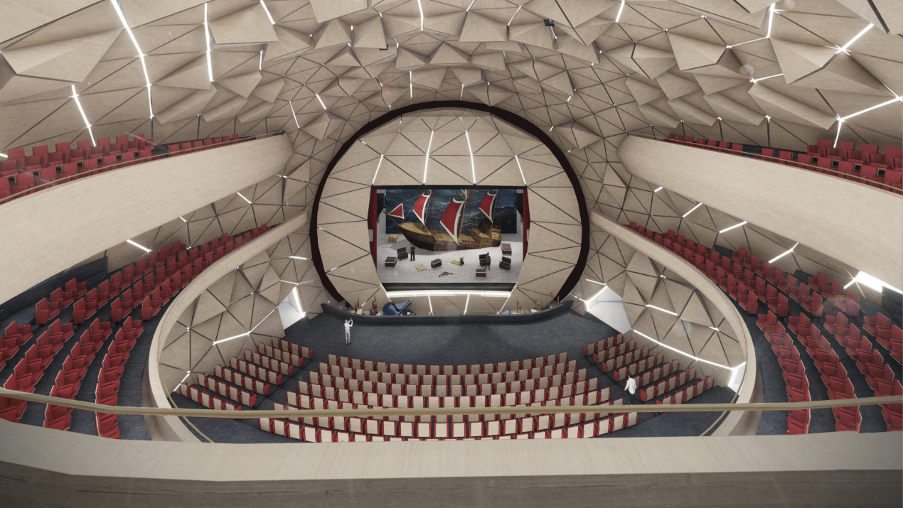 Interior rendering of the auditorium with tiered seating and a geometric faceted ceiling illuminated by accent lights