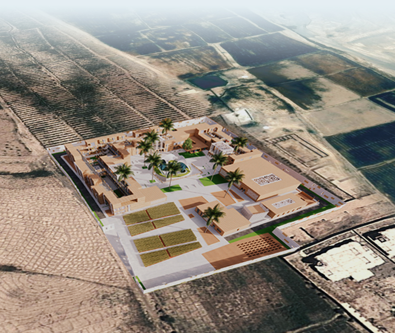 Aerial view of Maan integrating housing, agriculture, courtyards, and community facilities.