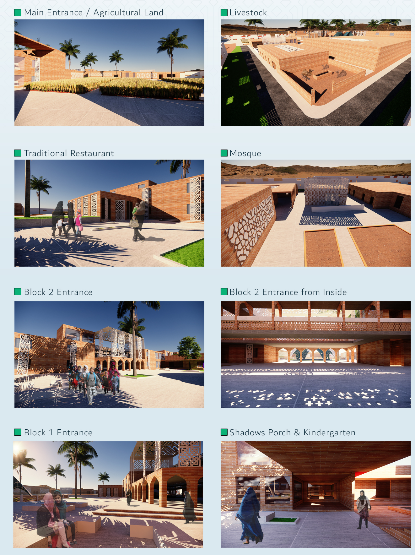 Architectural perspectives highlighting shaded courtyards, patterned screens, community spaces, and traditional brick forms.