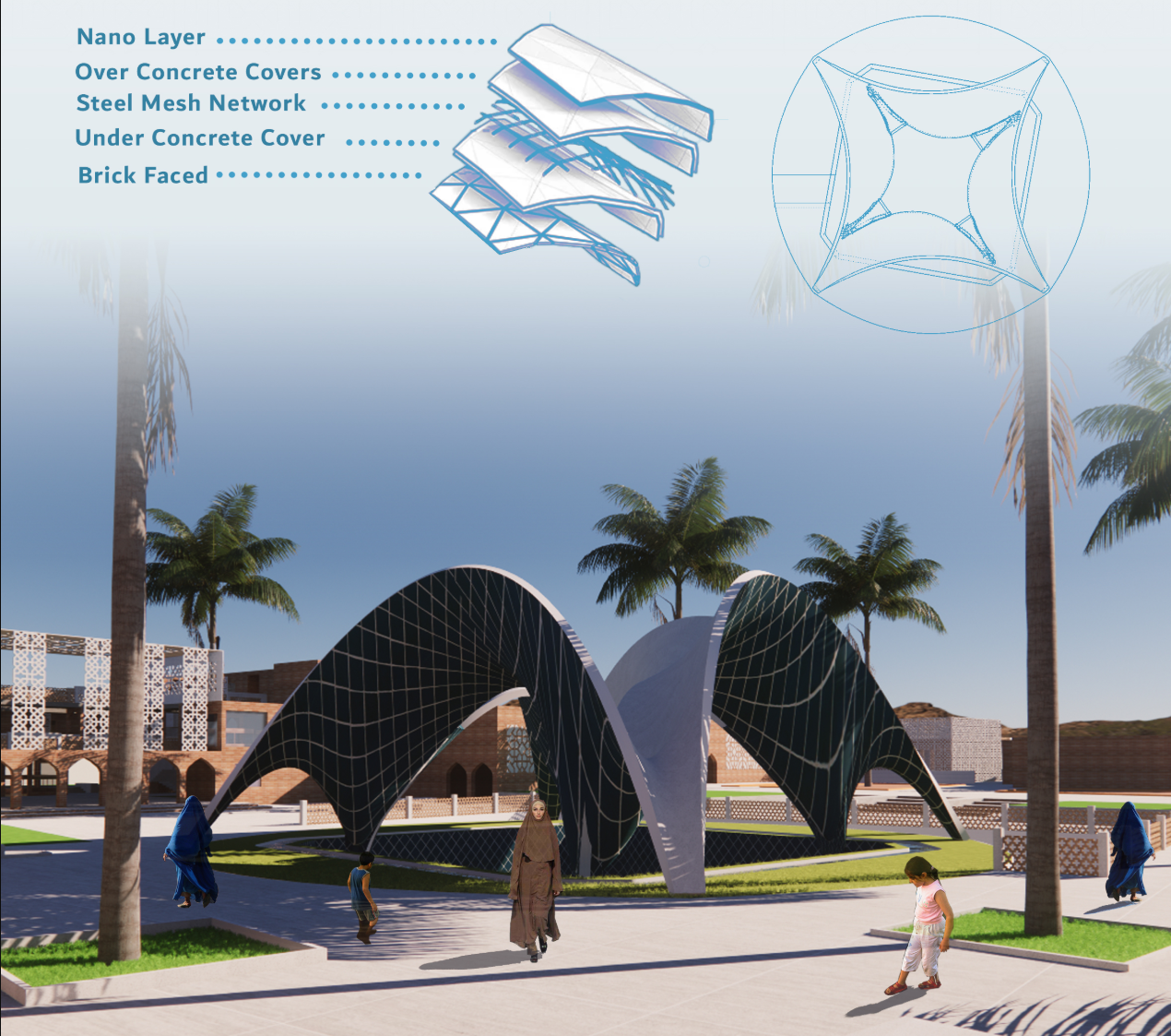 Central pavilion combining sculptural arches, layered construction, and a distinctive communal gathering space.