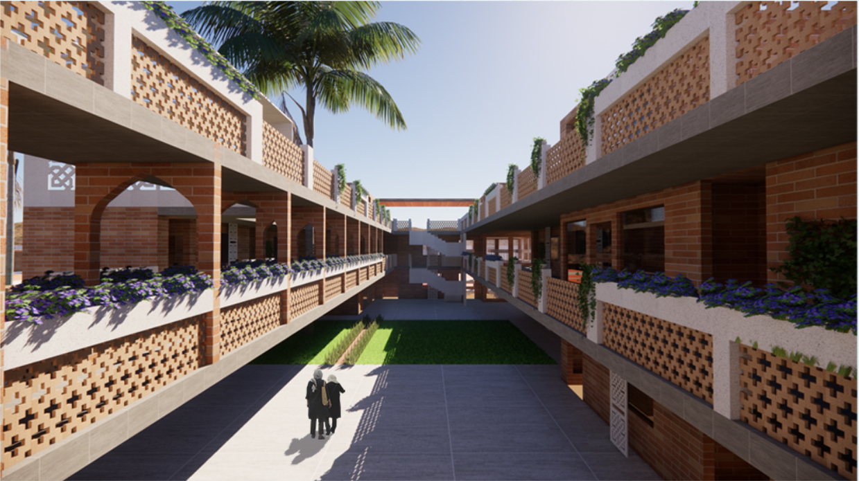 Multi-level residential courtyard with shaded walkways, planted balconies, and shared community spaces.