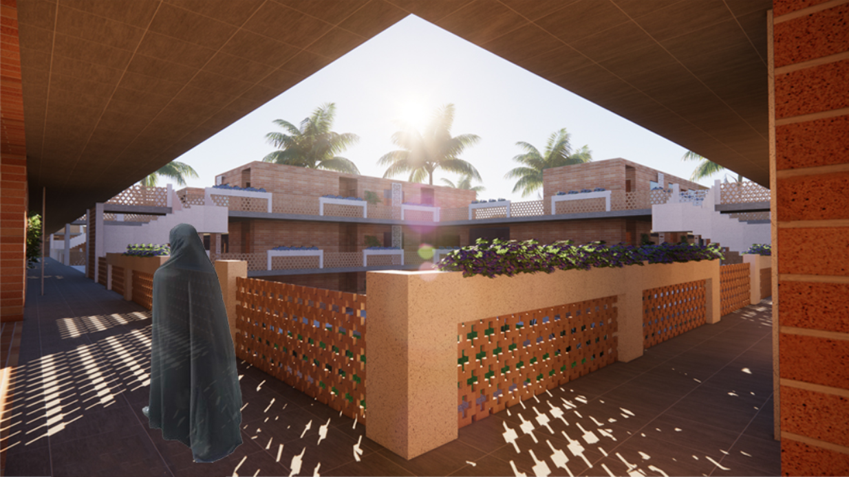 Semi-open residential terrace designed with patterned brick screens, greenery, and natural shade.