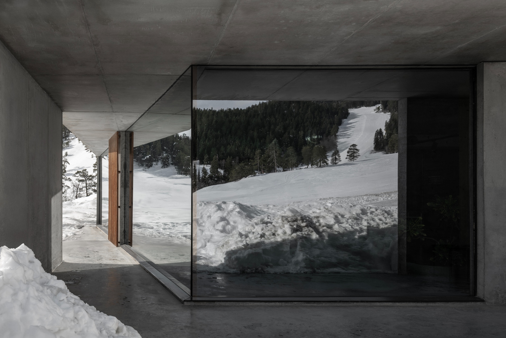 Corner window framing view of forested ski slope from concrete interior with timber pivot door