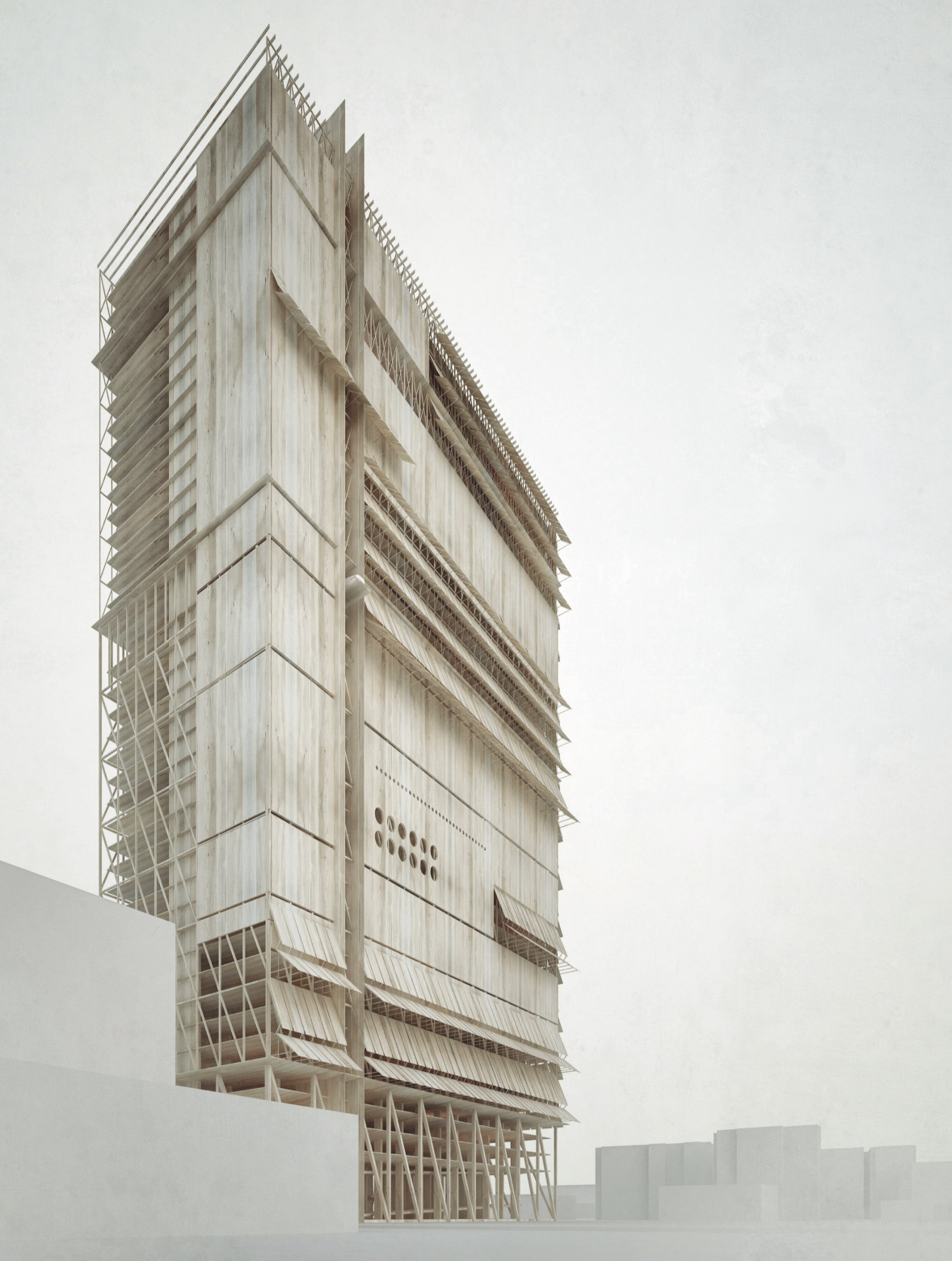 EW PARK rises as a compact timber tower shaped by layered façades and modular structural rhythms.
