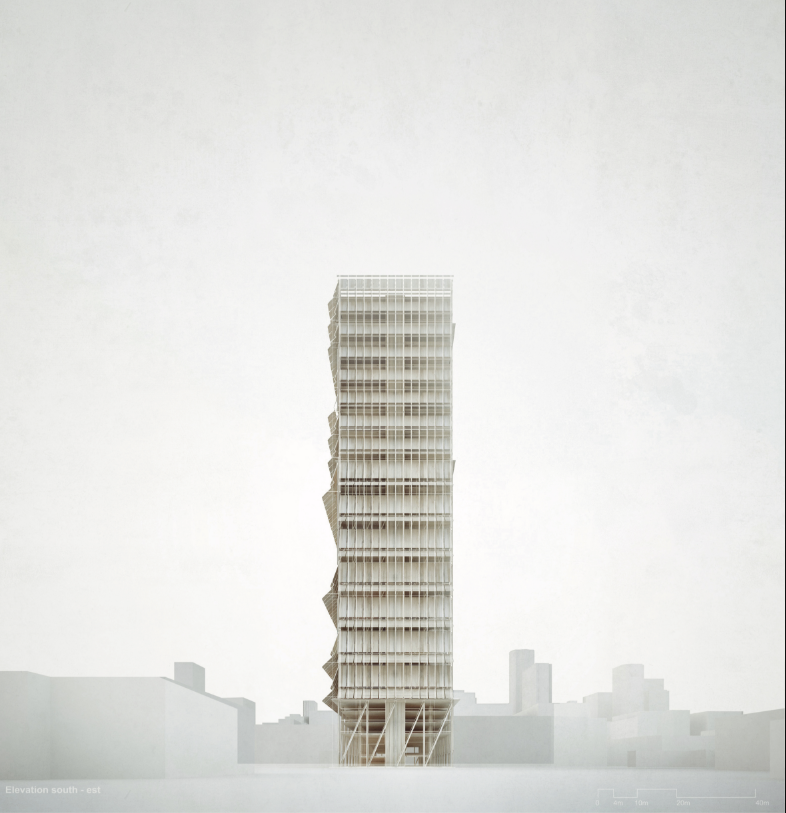 The slender elevation highlights the tower’s vertical density and minimal urban footprint.