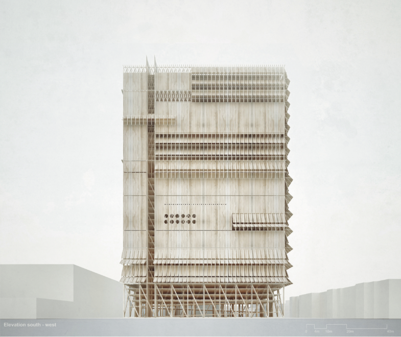 Timber screens and projecting panels define the climate-responsive south-west façade.
