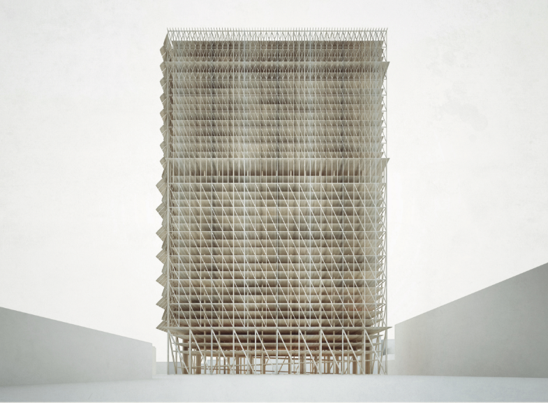 An open structural grid reveals the modular framework designed for automated vertical parking.