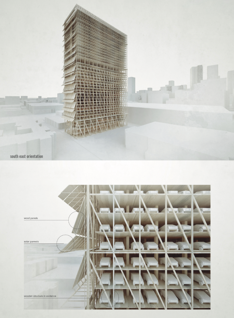 Detailed views show stacked vehicle storage, timber framing, solar panels, and adaptable façade systems.