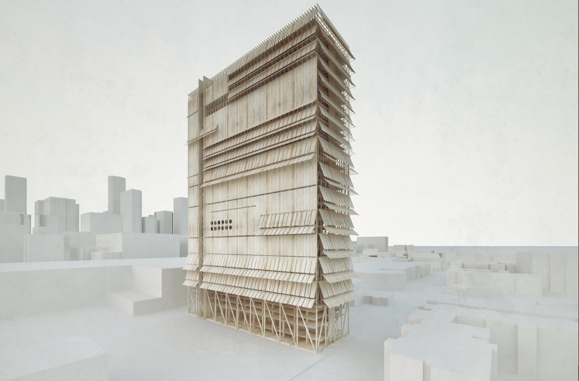 EW PARK combines a strong wooden identity with compact parking infrastructure for dense urban environments.