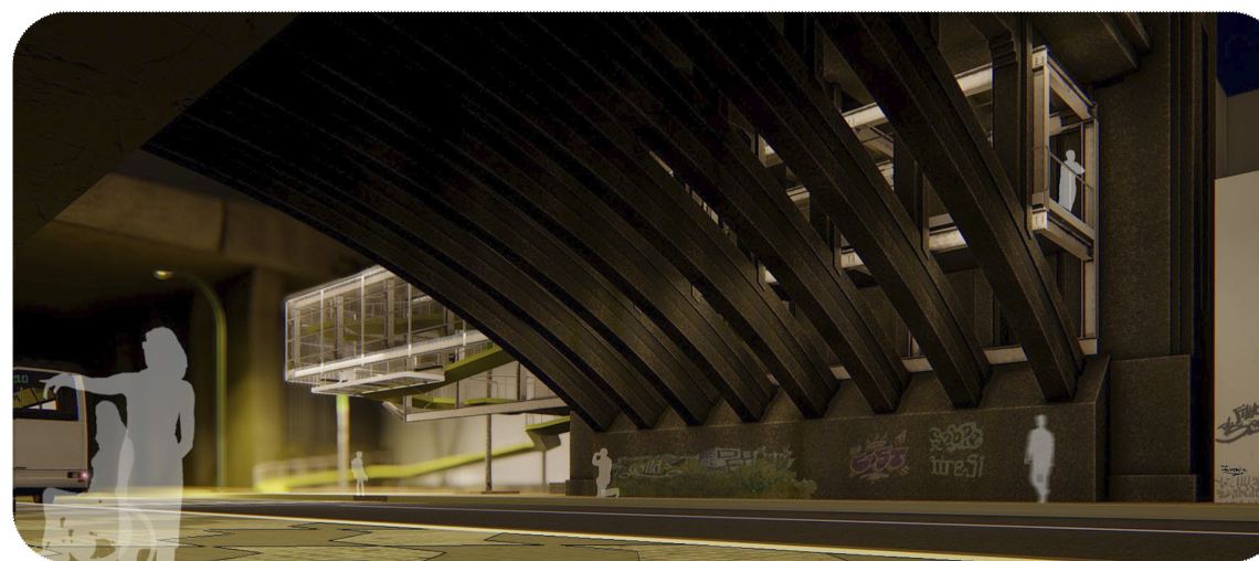Night view of the parasitic intervention activating residual space beneath the Martinho Prado viaduct.