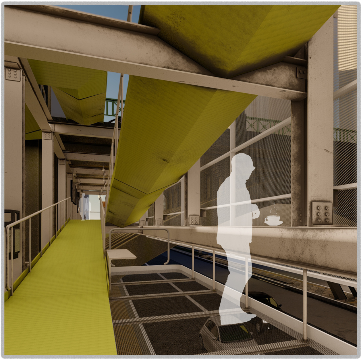 Perforated walkways and folded ramp surfaces frame new views between infrastructure, circulation, and the city.