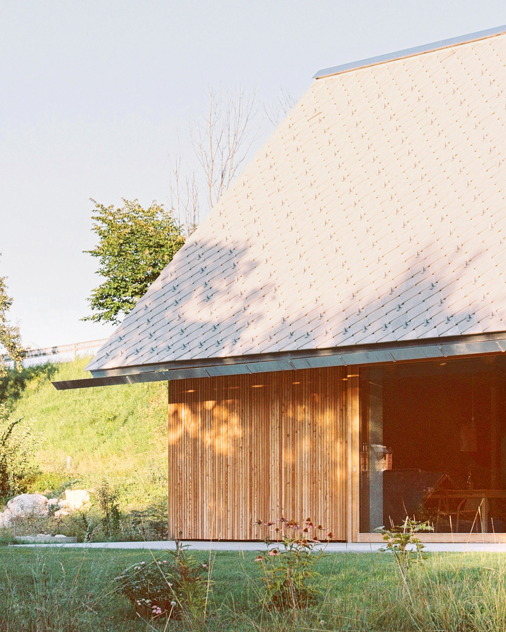 Corner detail of the folded shingle roof planes meeting above the timber-clad volume in afternoon sunlight