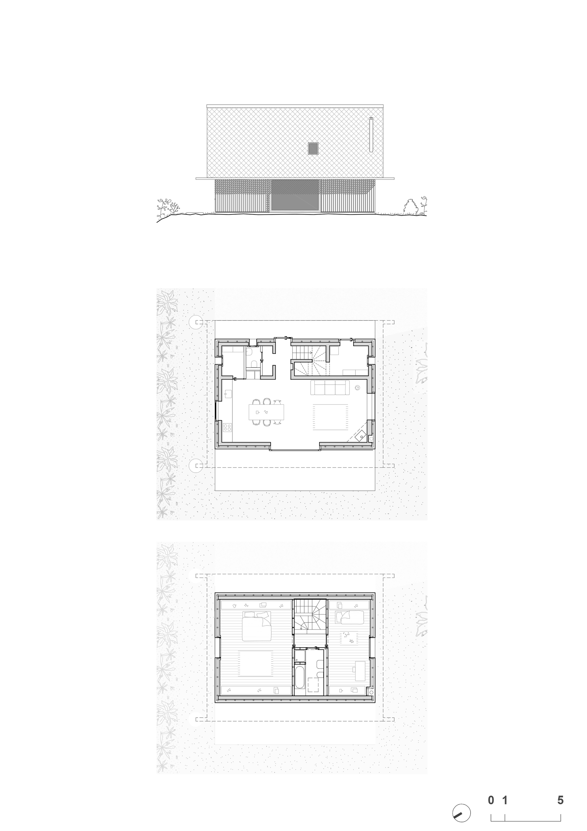 Elevation and floor plan drawings showing a gabled house with vertical cladding and surrounding landscape
