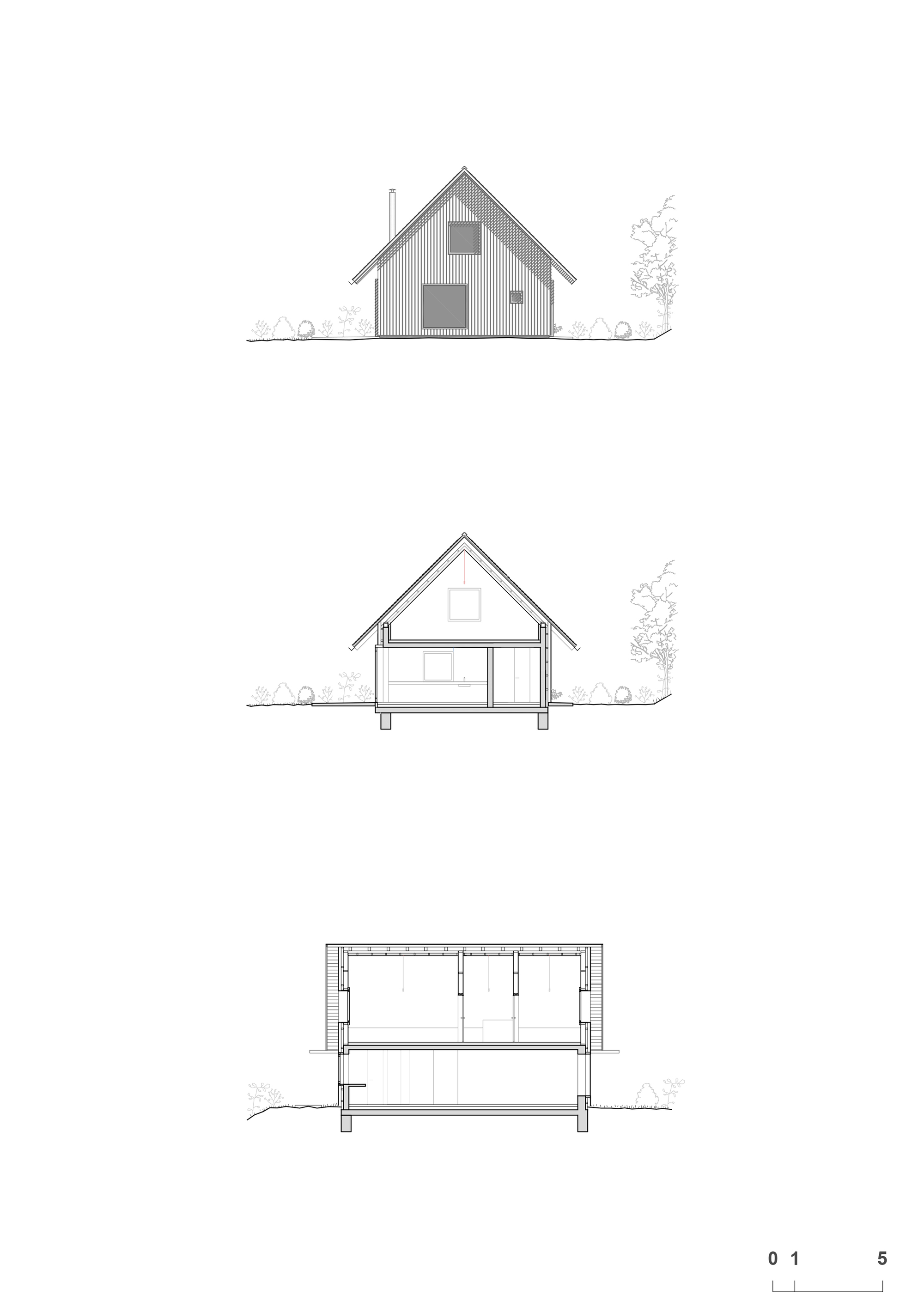 Elevation and section drawings illustrating the gabled structure with exposed timber frame and interior volumes