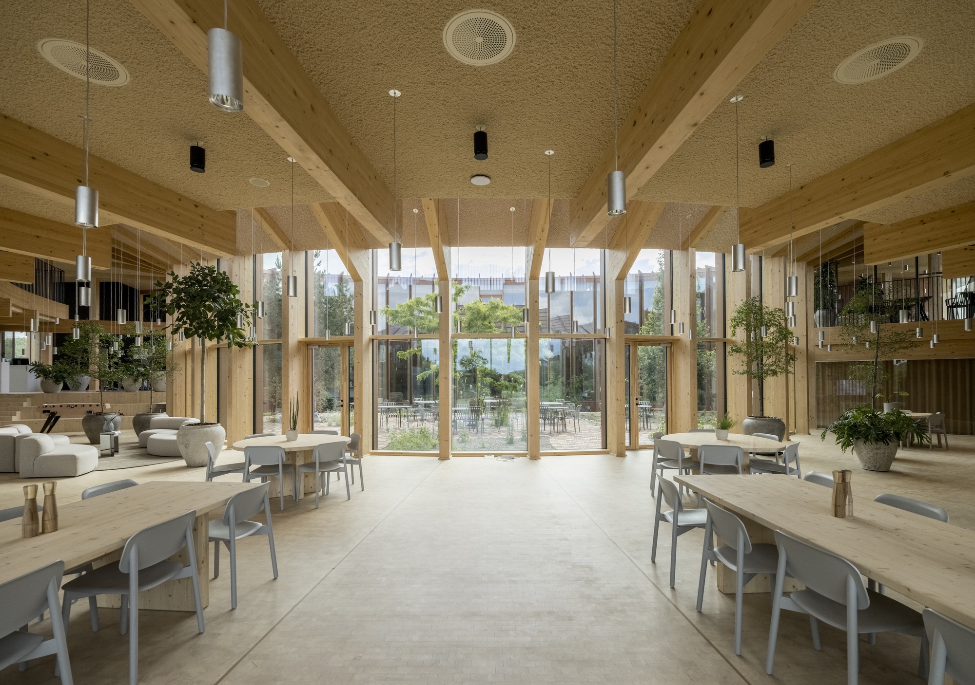 Double-height dining hall with exposed timber framing and pendant lights overlooking a planted courtyard