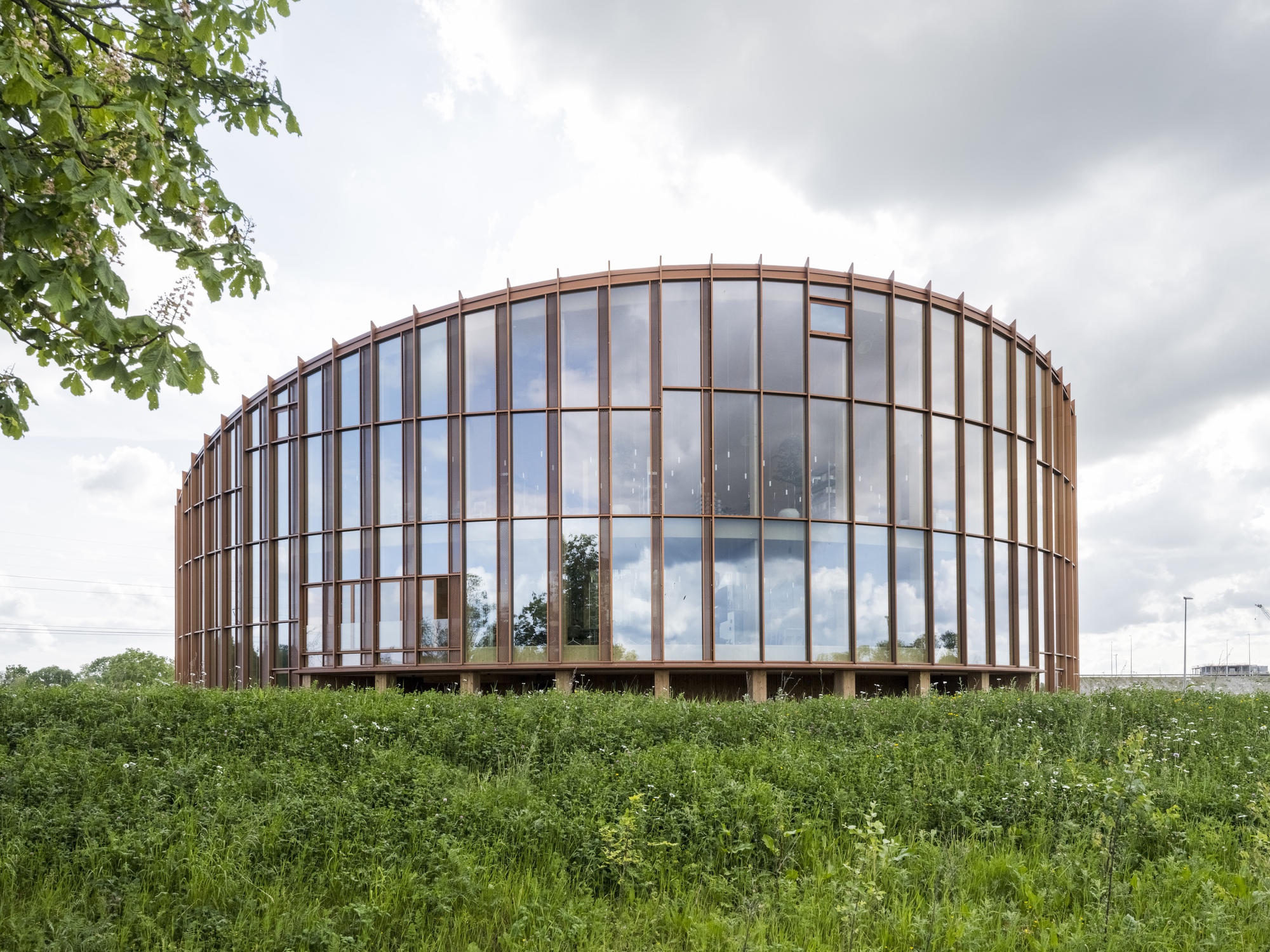 Curved glass facade with vertical timber fins set in a field of tall grass under cloudy skies