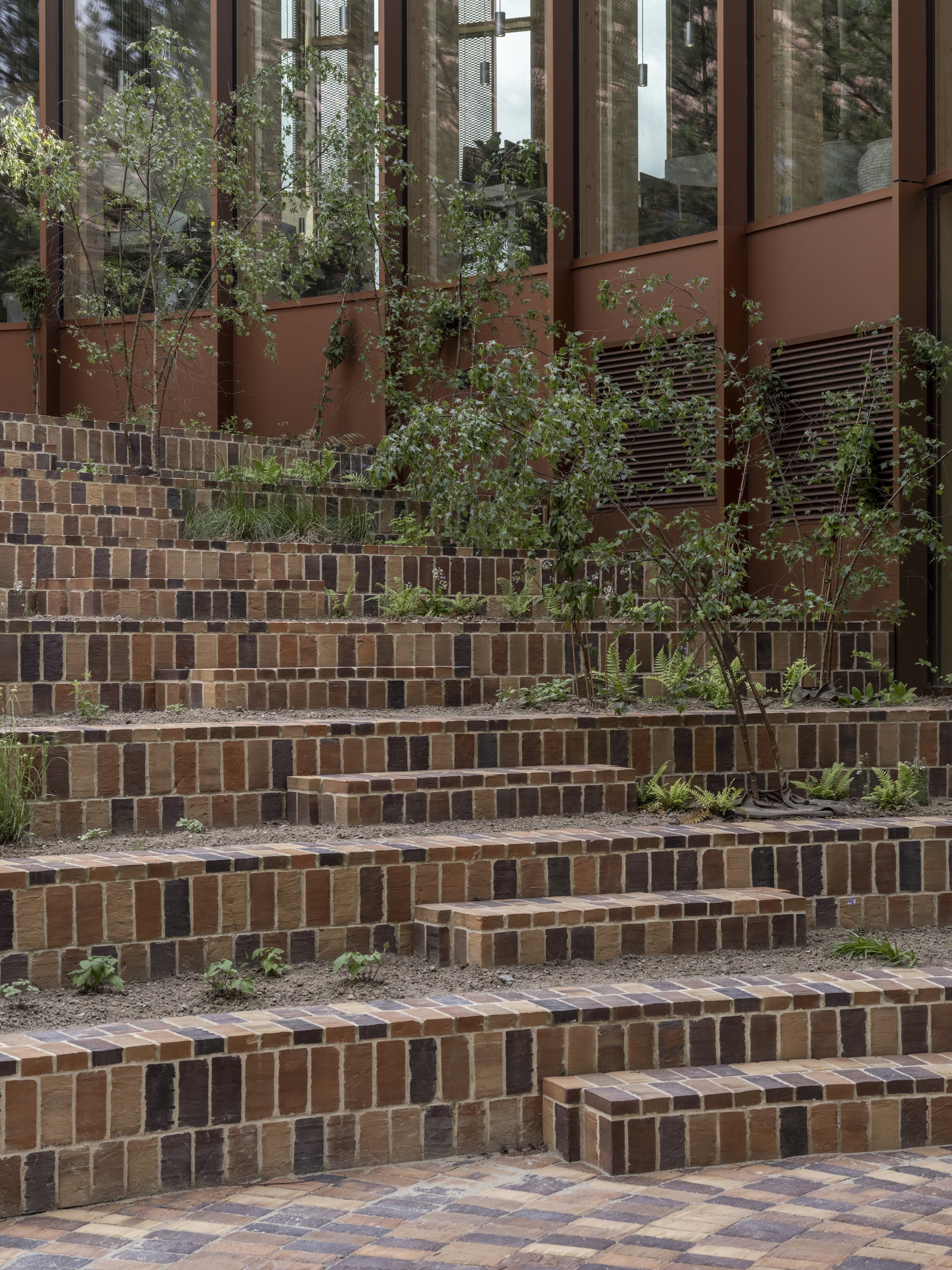 Close-up of brick terraced steps with volunteer plants growing between the courses and planters above