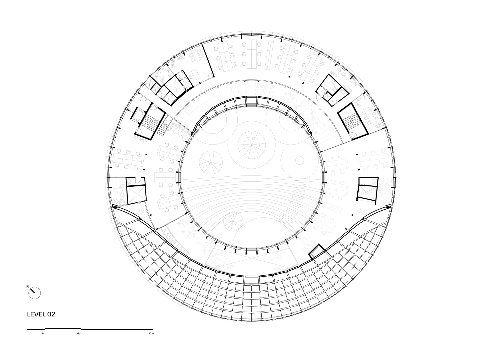 Floor plan drawing showing the upper level with a curved arena and gridded exterior terrace