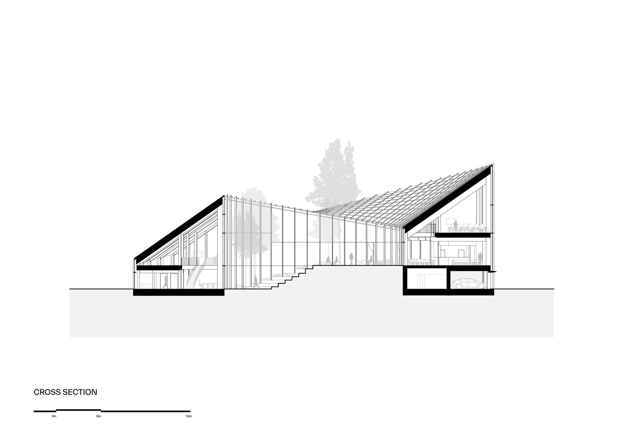 Cross section drawing revealing the arched roof structure spanning over stepped interior levels with a tree silhouette above