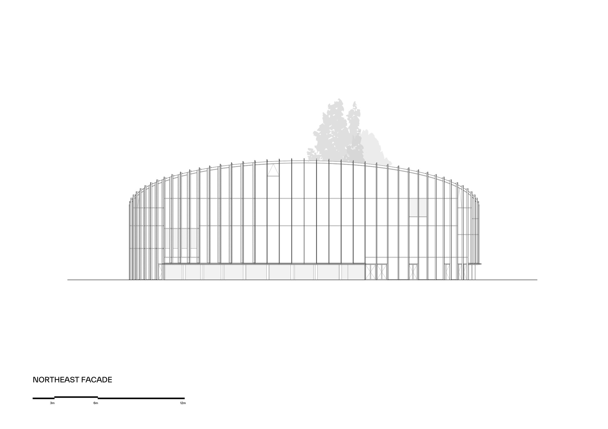 Northeast facade elevation drawing showing the curved vertical-ribbed enclosure with trees rising behind