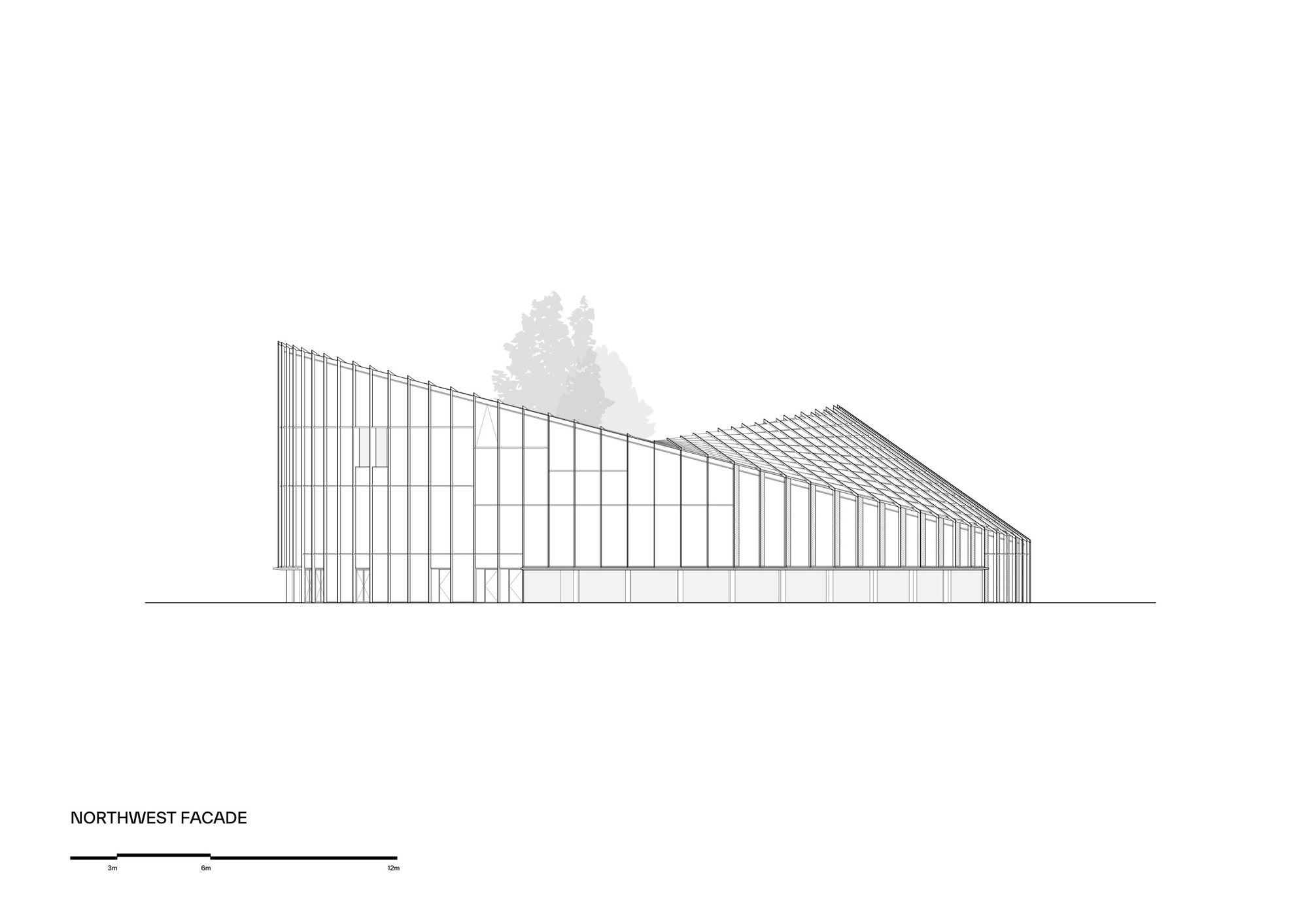 Northwest facade elevation drawing showing the sloped vertical-ribbed envelope descending from left to right with background trees
