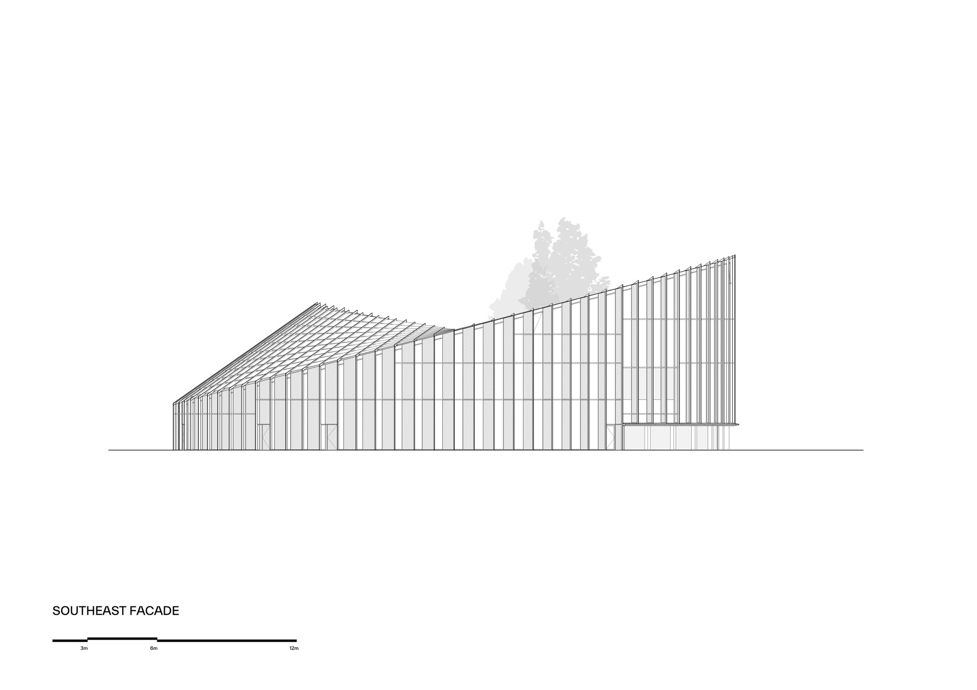 Elevation drawing of the southeast facade showing vertical cladding and a sloped roof with trees beyond