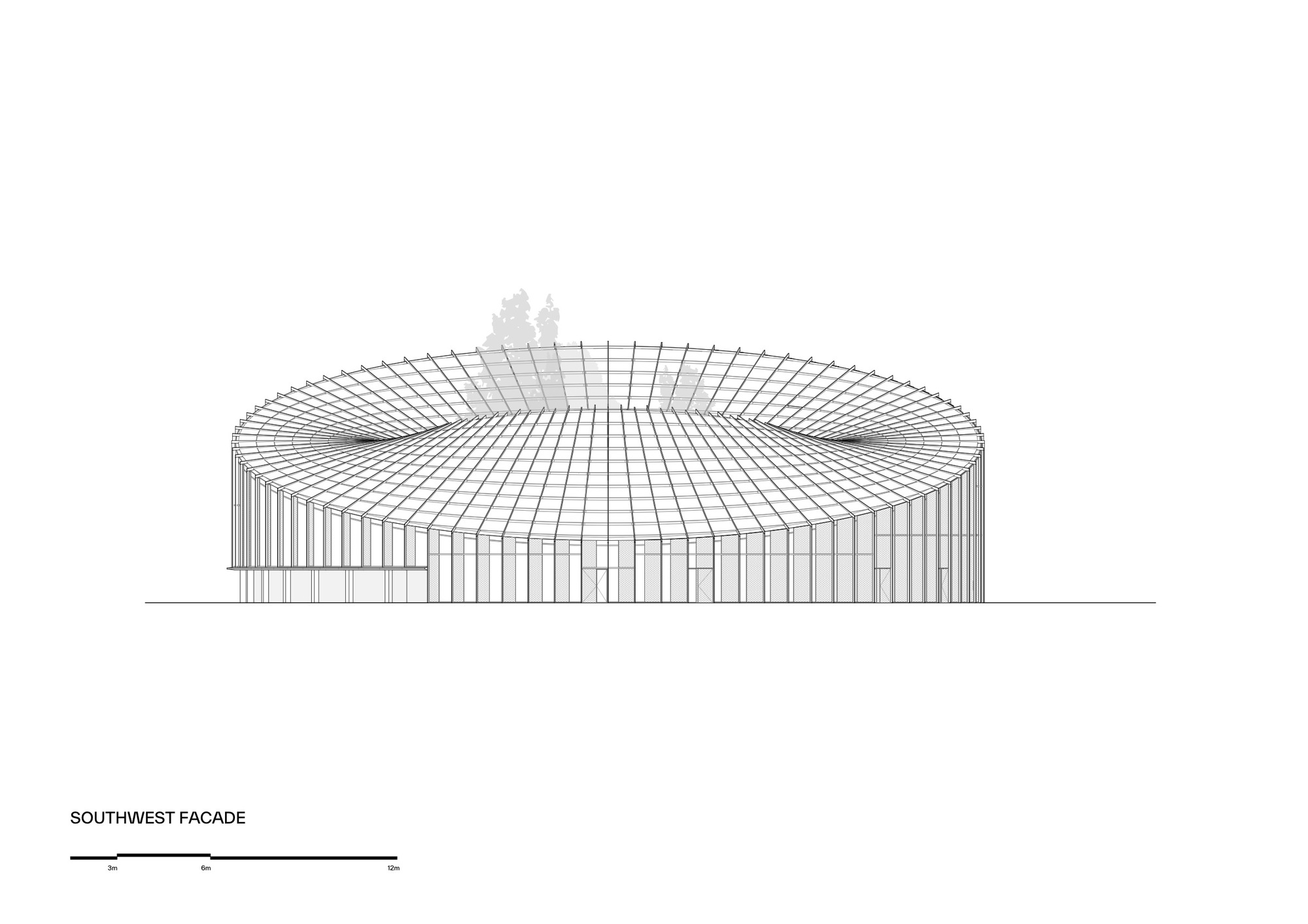 Elevation drawing of the southwest facade showing the curved roof structure with vertical columns and trees