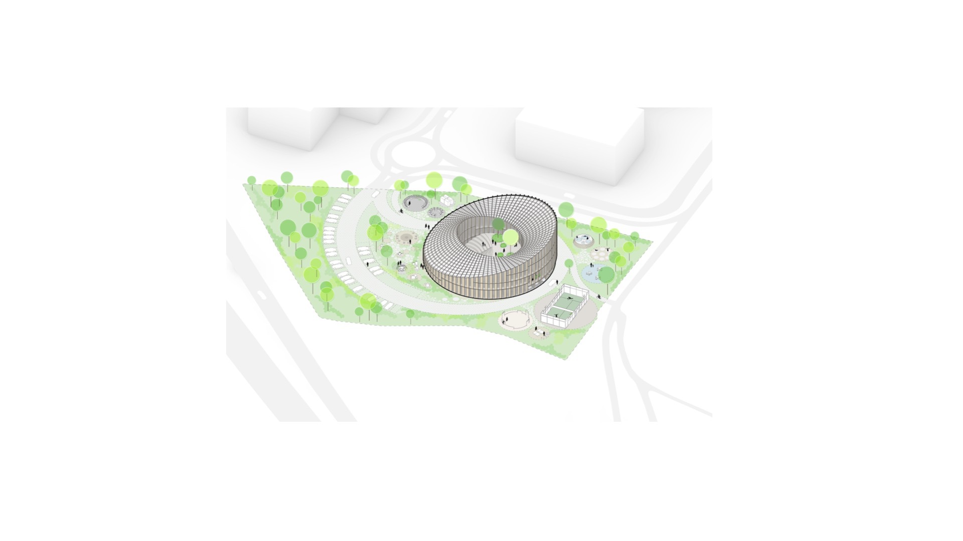 Axonometric site plan drawing showing the circular structure surrounded by landscaping and adjacent roads