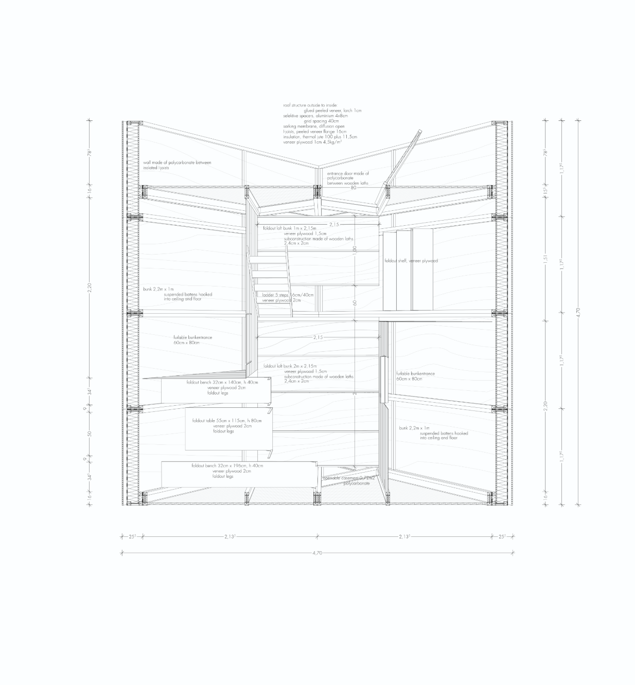 Interior plan revealing the compact arrangement of bunks, foldable furniture, storage, and circulation