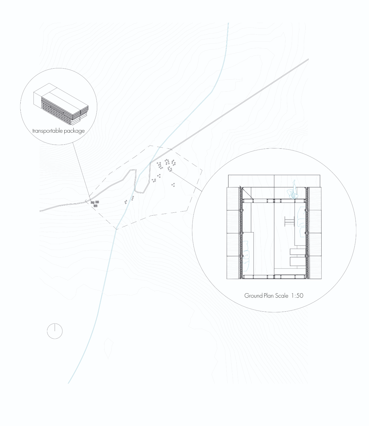Site plan showing Fold Bunk’s compact transportable package and its placement within the pilgrimage landscape
